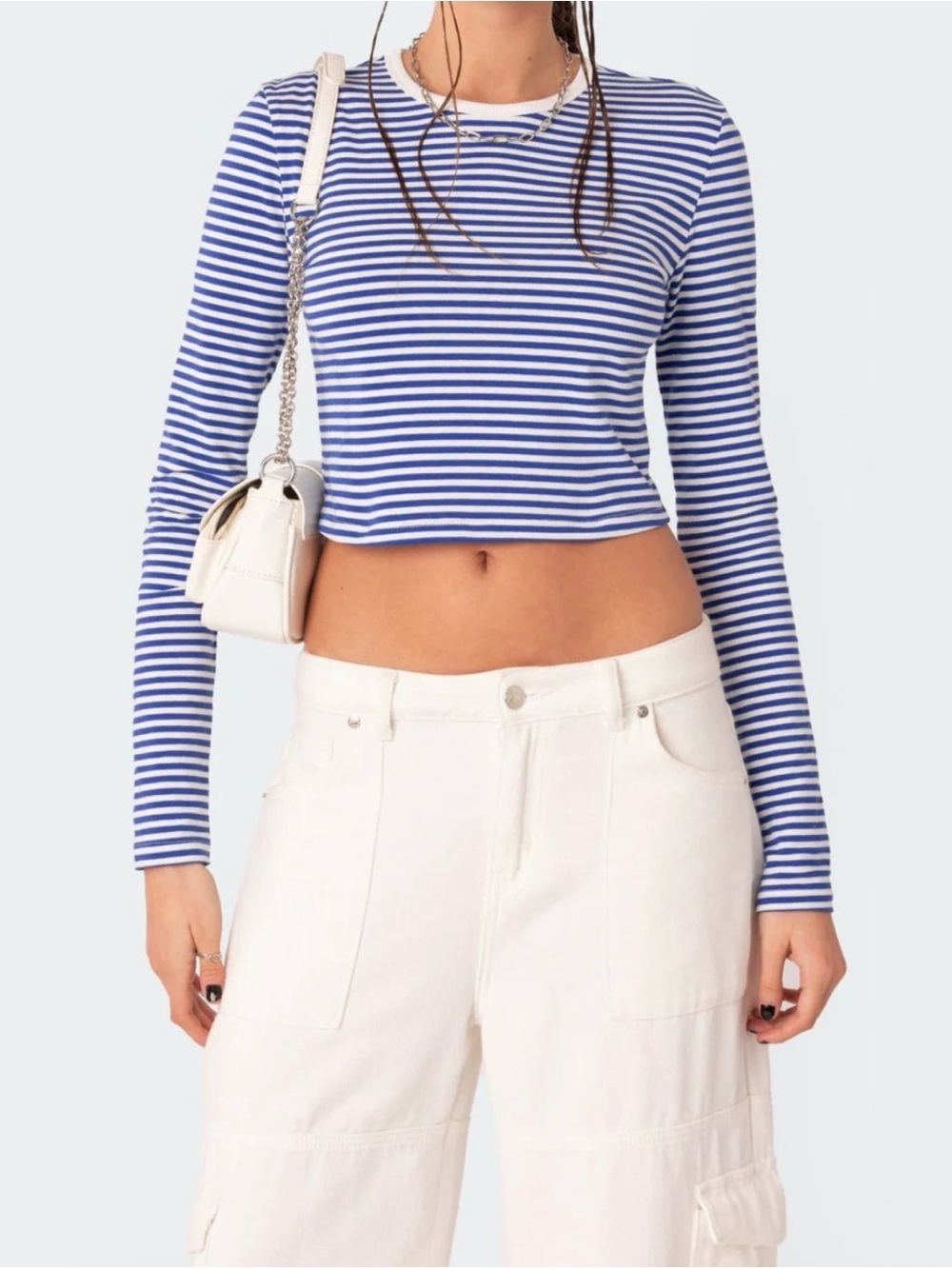 Edikted Montie Navy And White Long Sleeve Cropped Tshirt Size Medium